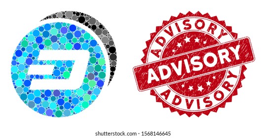Mosaic Dash coins and distressed stamp watermark with Advisory text. Mosaic vector is created with Dash coins icon and with random round elements. Advisory stamp seal uses red color,