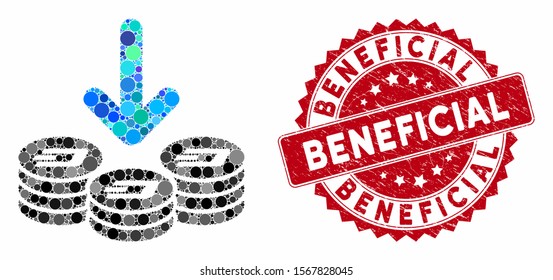 Mosaic Dash coins income and grunge stamp seal with Beneficial phrase. Mosaic vector is designed with Dash coins income icon and with scattered spheric spots. Beneficial stamp seal uses red color,