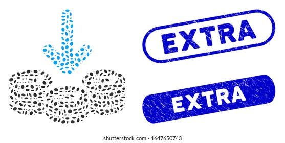 Mosaic Dash coins income and grunge stamp seals with Extra phrase. Mosaic vector Dash coins income is composed with scattered ellipse elements. Extra stamp seals use blue color,