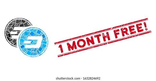 Mosaic Dash coins pictogram and red 1 Month Free! rubber print between double parallel lines. Flat vector Dash coins mosaic pictogram of randomized rotated rectangle elements.