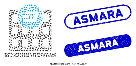 Mosaic Dash company building and corroded stamp seals with Asmara caption. Mosaic vector Dash company building is designed with scattered ellipse pieces. Asmara stamp seals use blue color,