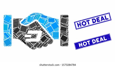 Mosaic Dash contract hands icon and rectangular Hot Deal seal stamps. Flat vector Dash contract hands mosaic icon of randomized rotated rectangular items. Blue Hot Deal seal stamps with dirty surface.