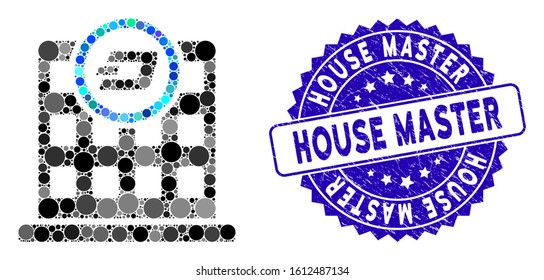 Mosaic Dash corporation building icon and grunge stamp seal with House Master phrase. Mosaic vector is created with Dash corporation building pictogram and with randomized round spots.