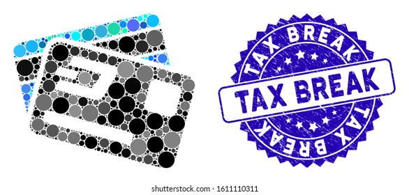 Mosaic Dash Credit Cards Icon And Corroded Stamp Watermark With Tax Break Text. Mosaic Vector Is Composed With Dash Credit Cards Icon And With Randomized Round Items. Tax Break Stamp Uses Blue Color,