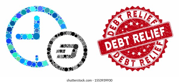 Mosaic Dash credit clock and grunge stamp seal with Debt Relief text. Mosaic vector is created with Dash credit clock icon and with random round spots. Debt Relief seal uses red color,