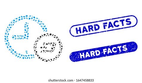 Mosaic Dash credit clock and rubber stamp seals with Hard Facts caption. Mosaic vector Dash credit clock is composed with randomized oval elements. Hard Facts stamp seals use blue color,