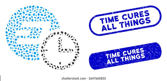 Mosaic Dash credit counter and corroded stamp seals with Time Cures All Things caption. Mosaic vector Dash credit counter is created with randomized oval parts.