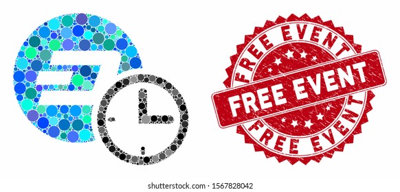 Mosaic Dash Credit Counter And Rubber Stamp Seal With Free Event Text. Mosaic Vector Is Formed With Dash Credit Counter Icon And With Randomized Spheric Items. Free Event Stamp Seal Uses Red Color,