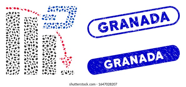 Mosaic Dash falling acceleration chart and grunge stamp seals with Granada caption. Mosaic vector Dash falling acceleration chart is created with scattered ellipse parts.