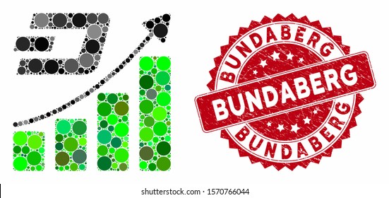 Mosaic Dash growth trend and corroded stamp seal with Bundaberg text. Mosaic vector is created with Dash growth trend icon and with randomized circle items. Bundaberg stamp seal uses red color,