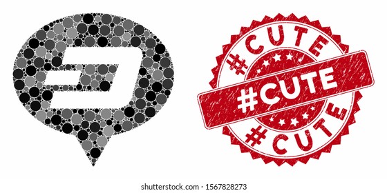 Mosaic Dash hint balloon and grunge stamp seal with #Cute caption. Mosaic vector is created with Dash hint balloon icon and with randomized spheric elements. #Cute stamp uses red color,