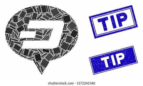 Mosaic Dash hint balloon icon and rectangle Tip seals. Flat vector Dash hint balloon mosaic pictogram of random rotated rectangle elements. Blue Tip rubber seals with dirty surface.
