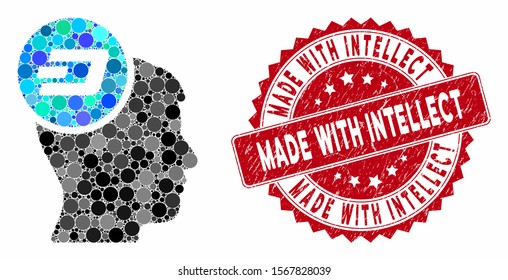Mosaic Dash idea head and corroded stamp watermark with Made with Intellect text. Mosaic vector is composed with Dash idea head icon and with randomized circle spots.