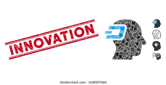 Mosaic Dash imagination icon and red Innovation seal between double parallel lines. Flat vector Dash imagination mosaic icon of scattered rotated rectangle elements.