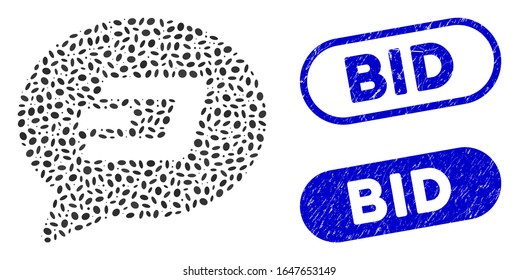 Mosaic Dash message balloon and grunge stamp seals with Bid text. Mosaic vector Dash message balloon is created with randomized elliptic dots. Bid stamp seals use blue color,