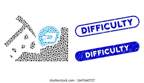 Mosaic Dash mining hammer and distressed stamp seals with Difficulty phrase. Mosaic vector Dash mining hammer is created with random oval pieces. Difficulty seals use blue color,