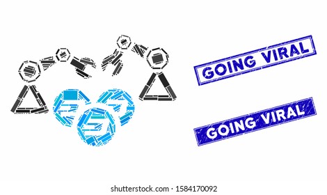 Mosaic Dash mining robotics icon and rectangular Going Viral seals. Flat vector Dash mining robotics mosaic icon of randomized rotated rectangle elements.