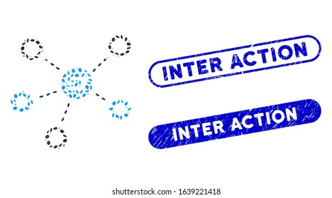 Mosaic Dash network structure and corroded stamp seals with Inter Action caption. Mosaic vector Dash network structure is composed with randomized oval spots. Inter Action seals use blue color,