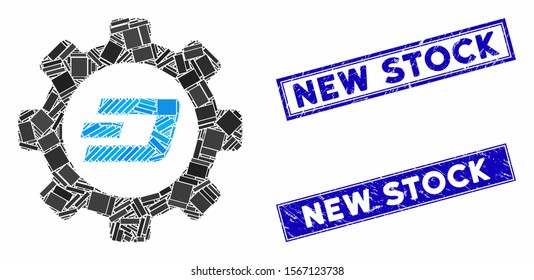 Mosaic Dash options gear icon and rectangle seals. Flat vector Dash options gear mosaic icon of scattered rotated rectangle items. Blue caption watermarks with scratched textures.