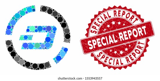 Mosaic Dash pie chart and distressed stamp seal with Special Report text. Mosaic vector is formed with Dash pie chart icon and with random circle elements. Special Report seal uses red color,