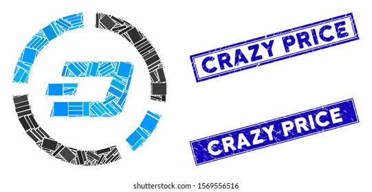 Mosaic Dash pie chart icon and rectangle stamps. Flat vector Dash pie chart mosaic icon of randomized rotated rectangle elements. Blue caption rubber stamps with grunged textures.