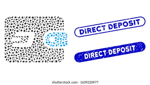Mosaic Dash pouch and corroded stamp seals with Direct Deposit caption. Mosaic vector Dash pouch is formed with randomized elliptic pieces. Direct Deposit stamp seals use blue color,