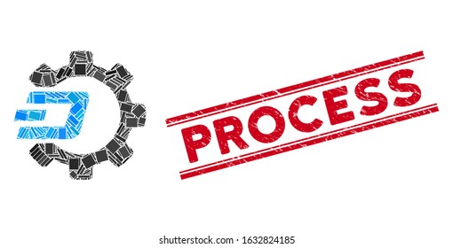 Mosaic Dash process gear pictogram and red Process seal stamp between double parallel lines. Flat vector Dash process gear mosaic pictogram of randomized rotated rectangular elements.