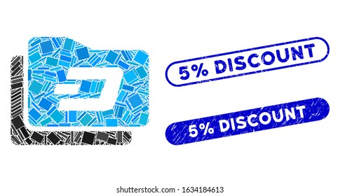 Mosaic Dash purse and grunge stamp seals with 5% Discount caption. Mosaic vector Dash purse is formed with randomized rectangle items. 5% Discount stamp seals use blue color,