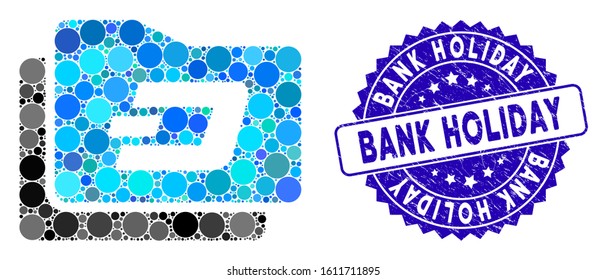 Mosaic Dash purse icon and corroded stamp seal with Bank Holiday phrase. Mosaic vector is designed with Dash purse icon and with randomized round spots. Bank Holiday stamp seal uses blue color,
