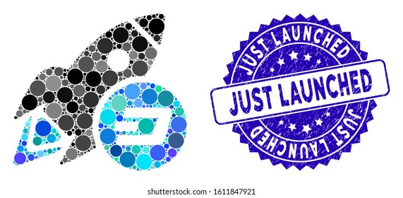 Mosaic Dash rocket icon and distressed stamp watermark with Just Launched phrase. Mosaic vector is designed with Dash rocket icon and with randomized circle spots.