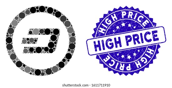 Mosaic Dash rounded icon and grunge stamp seal with High Price caption. Mosaic vector is formed from Dash rounded pictogram and with randomized circle items. High Price stamp seal uses blue color,