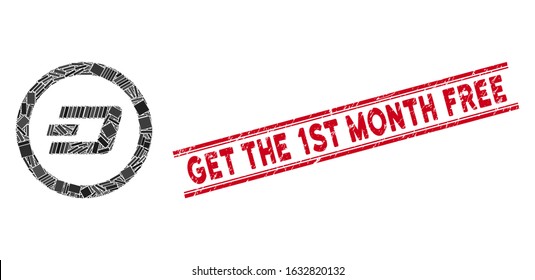 Mosaic Dash rounded pictogram and red Get the 1St Month Free seal stamp between double parallel lines. Flat vector Dash rounded mosaic pictogram of scattered rotated rectangle items.