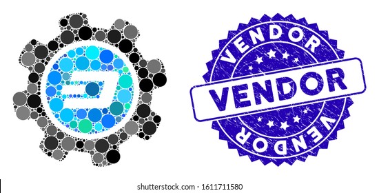 Mosaic Dash settings gear icon and corroded stamp seal with Vendor phrase. Mosaic vector is designed from Dash settings gear icon and with random spheric items. Vendor stamp seal uses blue color,