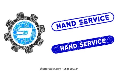 Mosaic Dash settings gear and rubber stamp seals with Hand Service text. Mosaic vector Dash settings gear is designed with randomized rectangle items. Hand Service stamp seals use blue color,