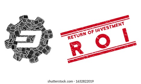 Mosaic Dash setup gear pictogram and red Return of Investment R O I seal stamp between double parallel lines. Flat vector Dash setup gear mosaic pictogram of random rotated rectangular elements.