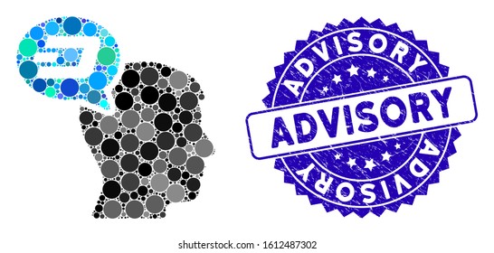 Mosaic Dash thinking balloon icon and grunge stamp seal with Advisory caption. Mosaic vector is composed with Dash thinking balloon icon and with scattered circle items.