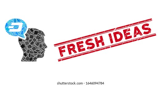 Mosaic Dash thinking balloon icon and red Fresh Ideas seal stamp between double parallel lines. Flat vector Dash thinking balloon mosaic icon of randomized rotated rectangular items.
