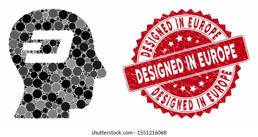 Mosaic Dash thinking and grunge stamp seal with Designed in Europe caption. Mosaic vector is created with Dash thinking icon and with scattered spheric items. Designed in Europe seal uses red color,