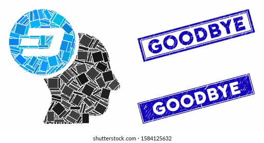 Mosaic Dash thinking head icon and rectangular Goodbye seal stamps. Flat vector Dash thinking head mosaic icon of random rotated rectangular elements. Blue Goodbye stamps with dirty textures.
