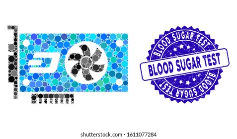 Mosaic Dash video GPU card icon and corroded stamp seal with Blood Sugar Test caption. Mosaic vector is composed with Dash video GPU card icon and with random spheric elements.