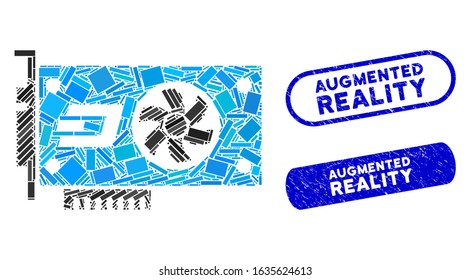 Mosaic Dash video GPU card and rubber stamp seals with Augmented Reality caption. Mosaic vector Dash video GPU card is designed with randomized rectangle items. Augmented Reality seals use blue color,