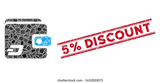 Ícone da carteira Mosaic Dash e selo vermelho 5% Discount entre linhas paralelas duplas. Vetor plano Ícone de mosaico da carteira Dash de itens retangulares girados aleatoriamente. Carimbo vermelho 5% Discount com texturas de aflição.