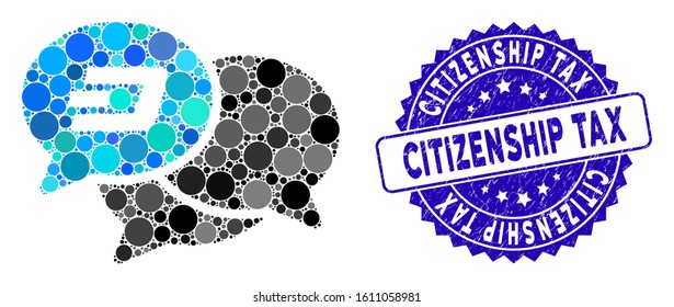 Mosaic Dash webinar icon and distressed stamp seal with Citizenship Tax caption. Mosaic vector is formed with Dash webinar icon and with random round elements. Citizenship Tax seal uses blue color,