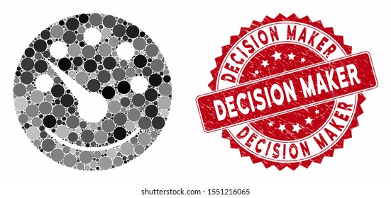 Mosaic dashboard and rubber stamp seal with Decision Maker caption. Mosaic vector is designed from dashboard icon and with randomized round spots. Decision Maker stamp seal uses red color,