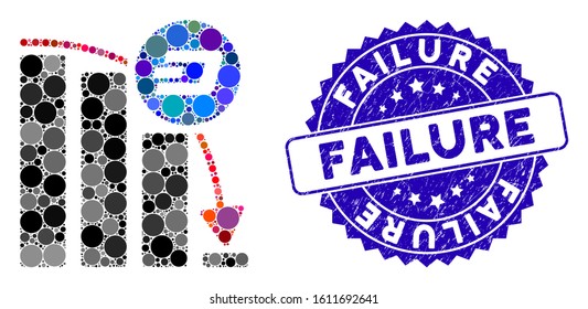 Mosaic Dashcoin epic fall chart icon and distressed stamp watermark with Failure text. Mosaic vector is composed with Dashcoin epic fall chart pictogram and with scattered spheric spots.