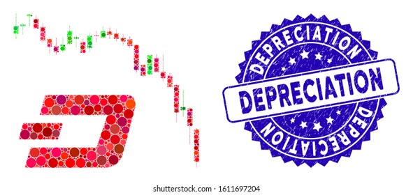 Mosaic Dashcoin fall chart icon and grunge stamp seal with Depreciation phrase. Mosaic vector is designed with Dashcoin fall chart icon and with random round spots.