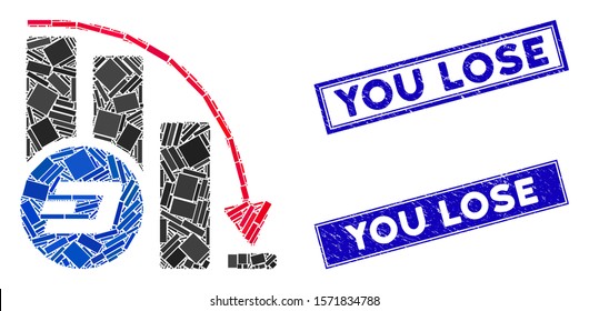 Mosaic Dashcoin falling acceleration chart pictogram and rectangle You Lose stamps. Flat vector Dashcoin falling acceleration chart mosaic pictogram of random rotated rectangle items.