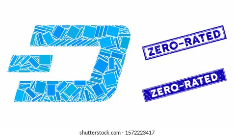 Mosaic Dashcoin pictogram and rectangular Zero-Rated seal stamps. Flat vector Dashcoin mosaic pictogram of randomized rotated rectangular items. Blue Zero-Rated stamps with grunge textures.