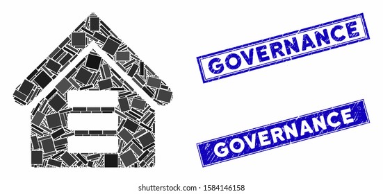 Mosaic Data Center Building Icon And Rectangular Governance Stamps. Flat Vector Data Center Building Mosaic Icon Of Scattered Rotated Rectangular Items.