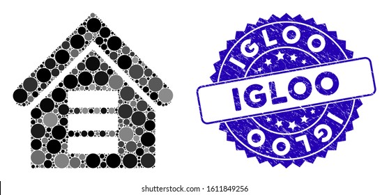 Mosaic Data Center Building Icon And Rubber Stamp Seal With Igloo Text. Mosaic Vector Is Created With Data Center Building Icon And With Randomized Spheric Spots. Igloo Stamp Seal Uses Blue Color,